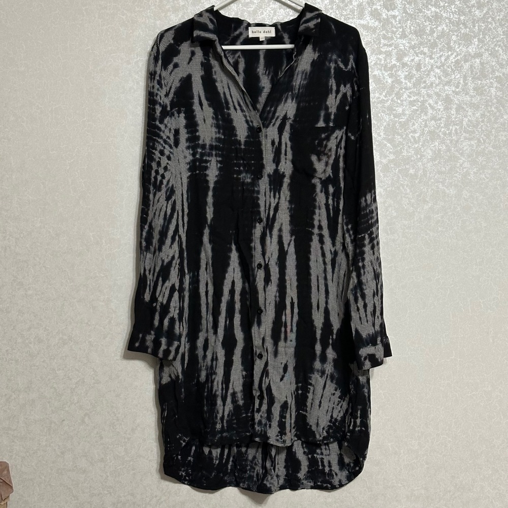 Bella Dahl Tie Dye Houndstooth Button Down Tunic Shirt Dress Boho Black White L